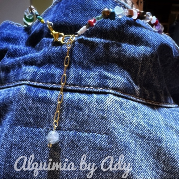 Rainbow multi stone beaded handmade gold adjustable short jeweled necklace - Picture 3 of 3